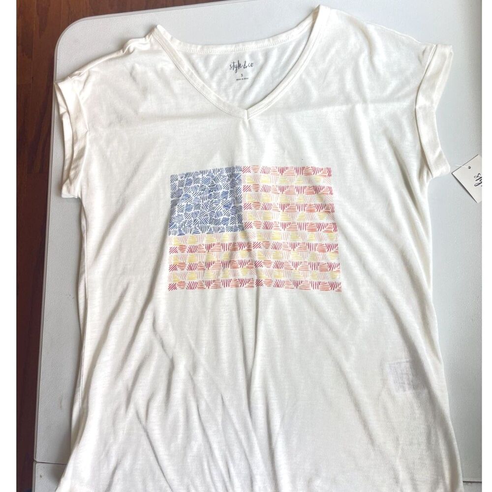 NWT Style & Co. Women's T Shirt Small Casual Short Sleeves White Patriotic Flag